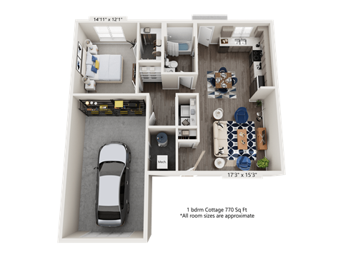 Floor plan for 1 bed, 1 bath, 770 sqft